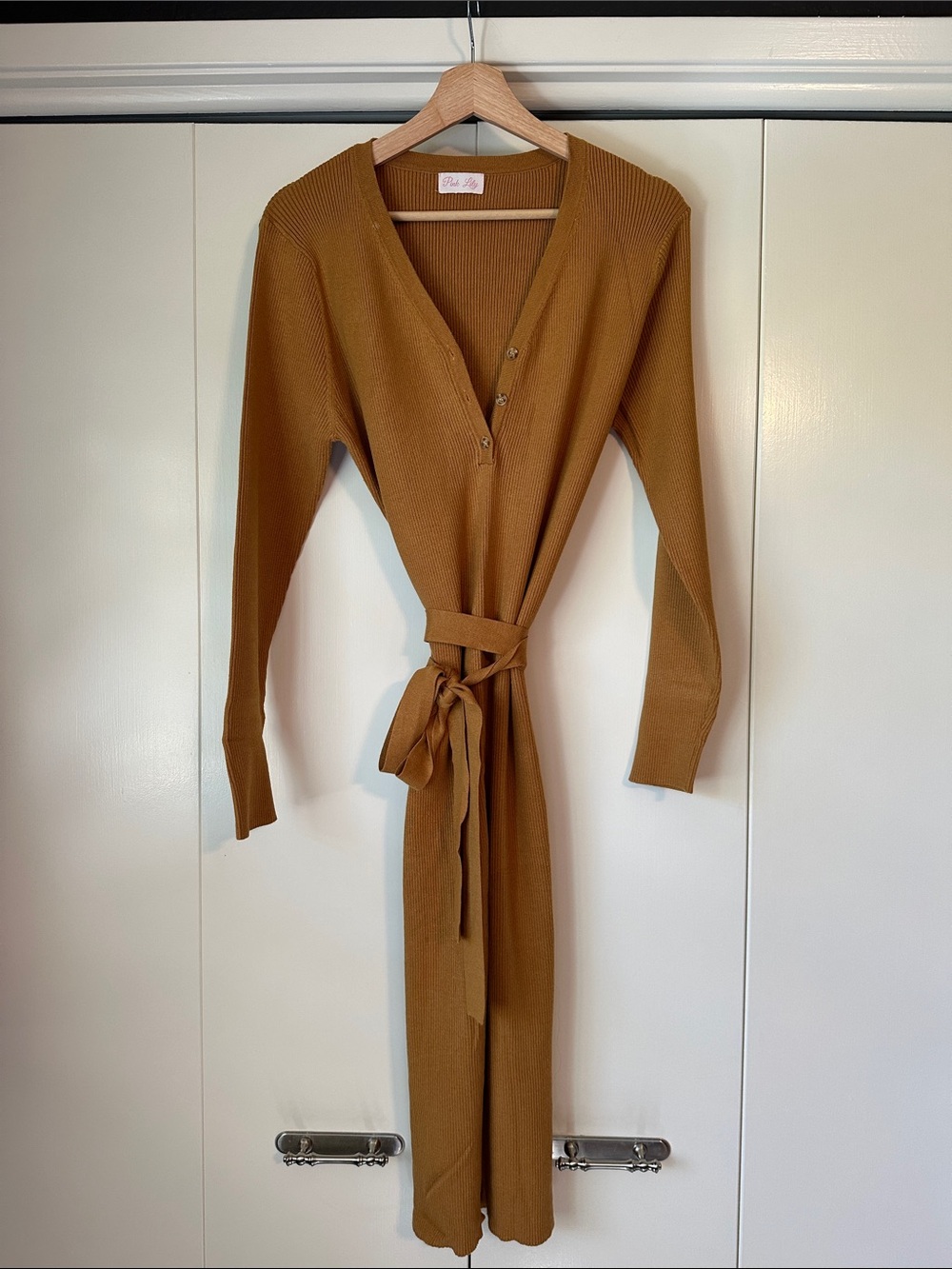 Pink Lily Long Sleeve Ribbed V-Neck Tie-Waist Dress in Camel
